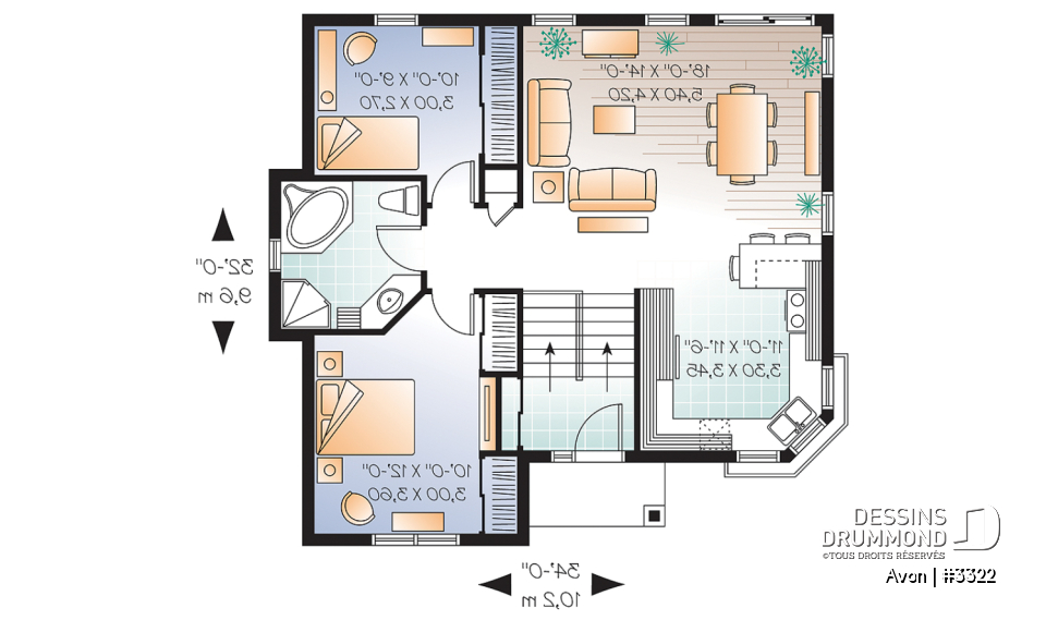 Rez-de-chaussée - Plan de maison de type split level économique, 2 chambres, style américain, grande cuisine  - Avon