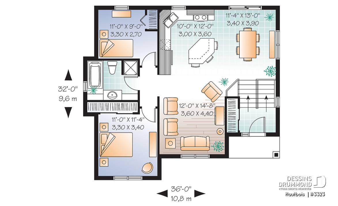 Rez-de-chaussée - Plan de plain-pied budgétaire à entrée split, 2 chambres, îlot à la cuisine, belle lumière au sous-sol - Hautbois 