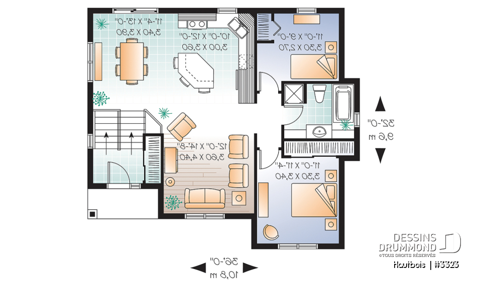 Rez-de-chaussée - Plan de plain-pied budgétaire à entrée split, 2 chambres, îlot à la cuisine, belle lumière au sous-sol - Hautbois 
