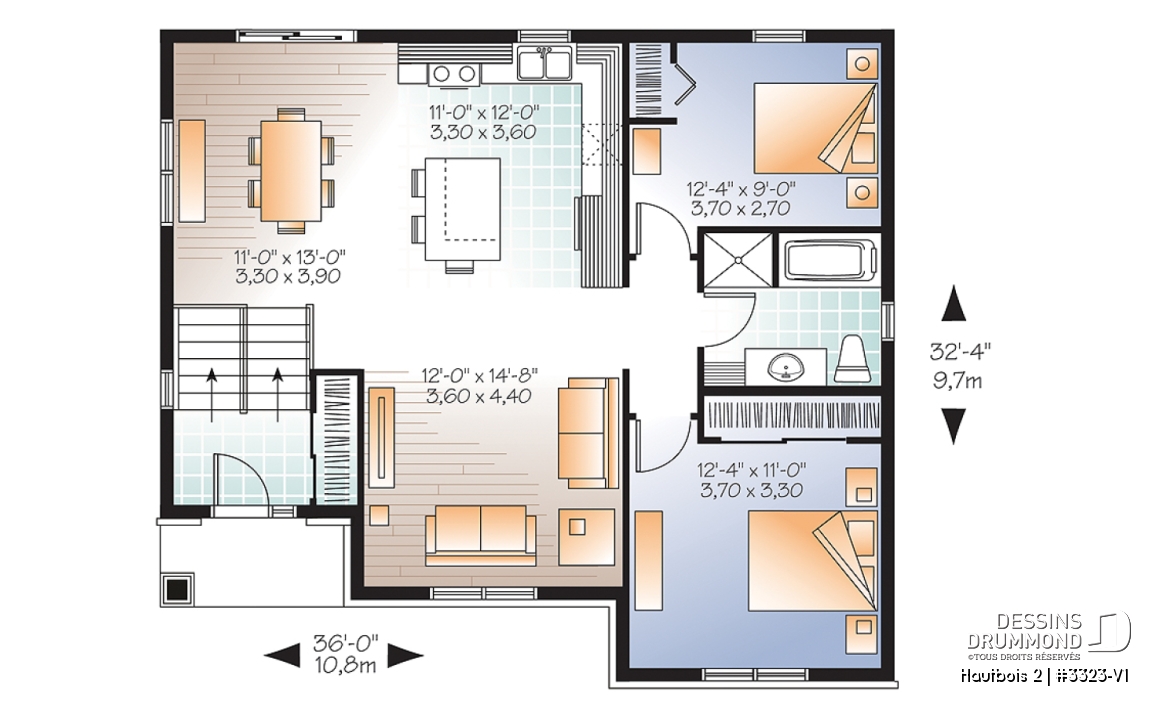 Rez-de-chaussée - Plan de maison split level, aire ouverte, îlot à la cuisine, 2 chambres, grande salle de bain - Hautbois 2