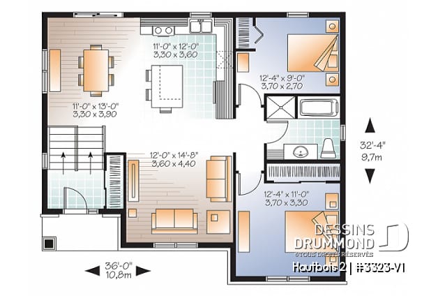 Rez-de-chaussée - Plan de maison split level, aire ouverte, îlot à la cuisine, 2 chambres, grande salle de bain - Hautbois 2
