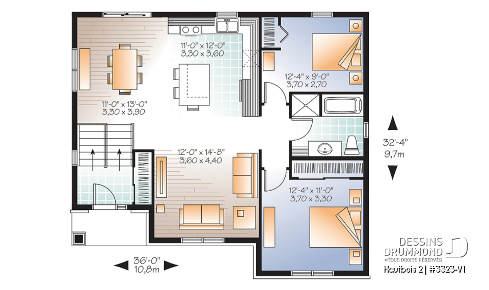 Rez-de-chaussée - Plan de maison split level, aire ouverte, îlot à la cuisine, 2 chambres, grande salle de bain - Hautbois 2