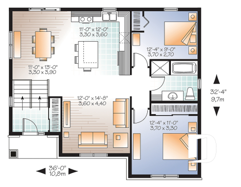 Rez-de-chaussée - Plan de maison split level, aire ouverte, îlot à la cuisine, 2 chambres, grande salle de bain - Hautbois 2