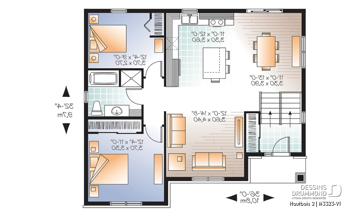 Rez-de-chaussée - Plan de maison split level, aire ouverte, îlot à la cuisine, 2 chambres, grande salle de bain - Hautbois 2