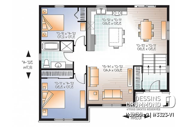 Rez-de-chaussée - Plan de maison split level, aire ouverte, îlot à la cuisine, 2 chambres, grande salle de bain - Hautbois 2