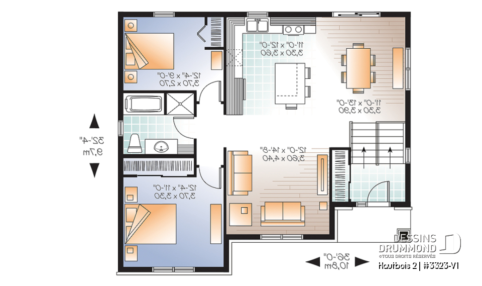 Rez-de-chaussée - Plan de maison split level, aire ouverte, îlot à la cuisine, 2 chambres, grande salle de bain - Hautbois 2