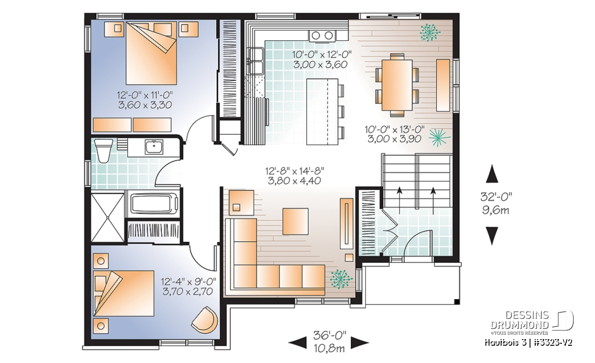Rez-de-chaussée - Plan de bungalow de type split-level contemporain, 2 chambres, aire ouverte, sous-sol aménageable,  - Hautbois 3