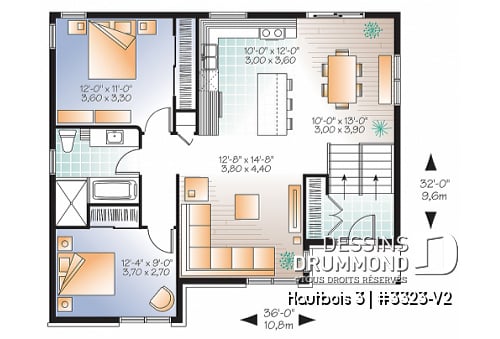 Rez-de-chaussée - Plan de bungalow de type split-level contemporain, 2 chambres, aire ouverte, sous-sol aménageable,  - Hautbois 3