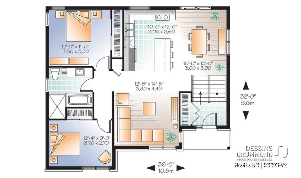 Rez-de-chaussée - Plan de bungalow de type split-level contemporain, 2 chambres, aire ouverte, sous-sol aménageable,  - Hautbois 3