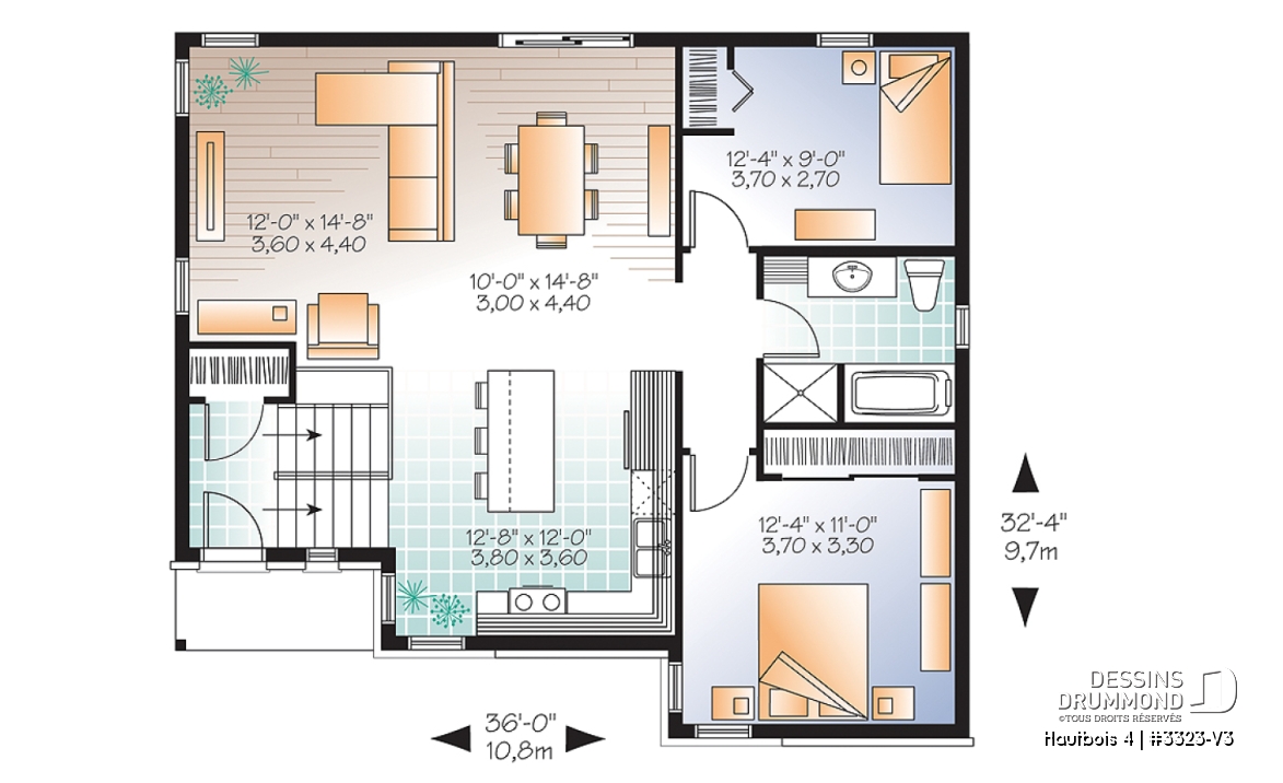 Rez-de-chaussée - Plan Split-level contemporain, 2 chambres, grande salle de séjour, grand îlot à la cuisine, à aire ouverte - Hautbois 4