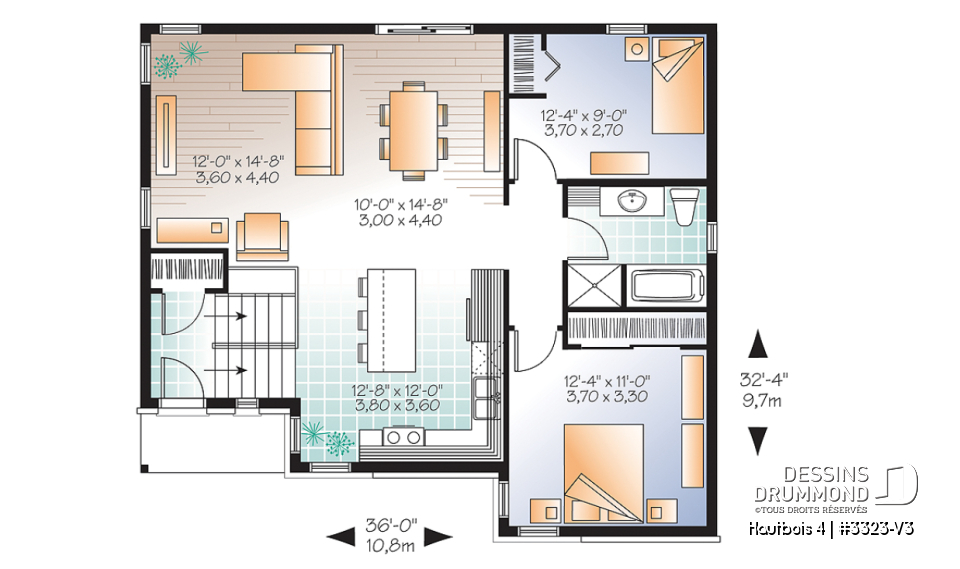Rez-de-chaussée - Plan Split-level contemporain, 2 chambres, grande salle de séjour, grand îlot à la cuisine, à aire ouverte - Hautbois 4