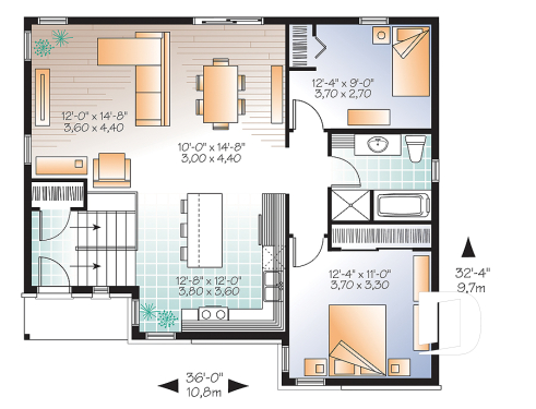 Rez-de-chaussée - Plan Split-level contemporain, 2 chambres, grande salle de séjour, grand îlot à la cuisine, à aire ouverte - Hautbois 4