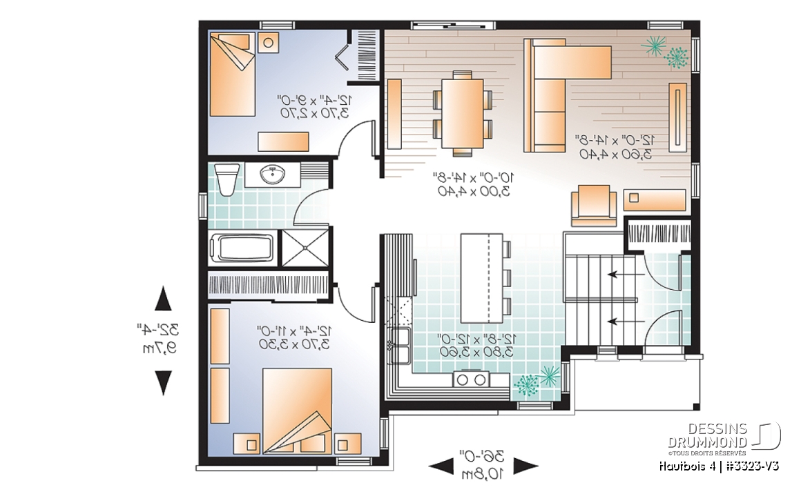 Rez-de-chaussée - Plan Split-level contemporain, 2 chambres, grande salle de séjour, grand îlot à la cuisine, à aire ouverte - Hautbois 4