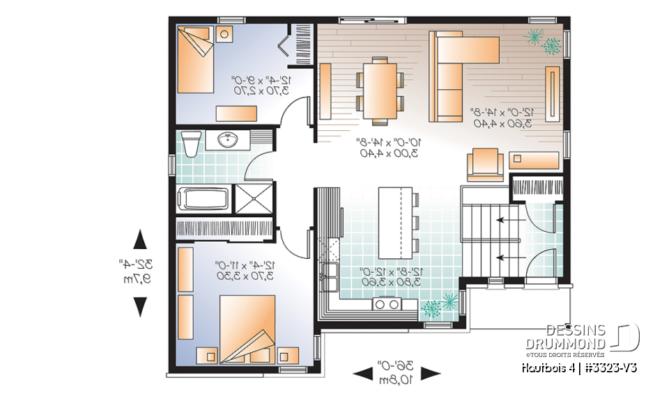 Rez-de-chaussée - Plan Split-level contemporain, 2 chambres, grande salle de séjour, grand îlot à la cuisine, à aire ouverte - Hautbois 4