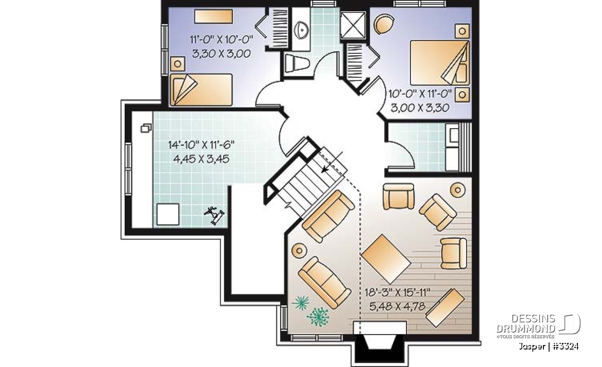 Sous-sol aménagé - Plan d'un bungalow chic et économique, 4 chambres, atelier, mezzanine - Jasper