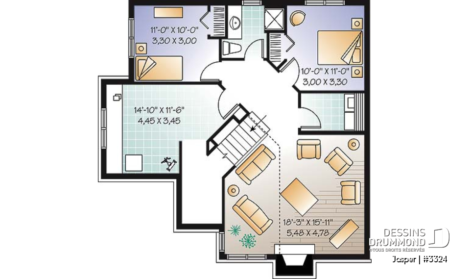 Sous-sol aménagé - Plan d'un bungalow chic et économique, 4 chambres, atelier, mezzanine - Jasper
