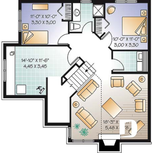 Sous-sol aménagé - Plan d'un bungalow chic et économique, 4 chambres, atelier, mezzanine - Jasper