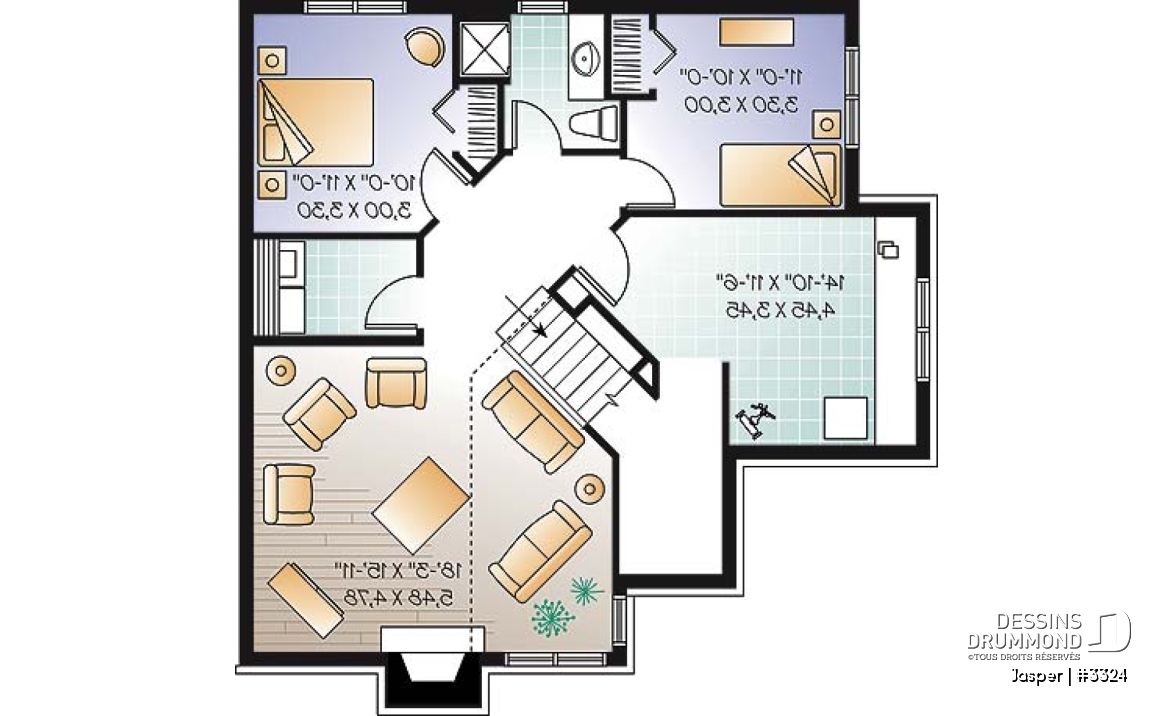Sous-sol aménagé - Plan d'un bungalow chic et économique, 4 chambres, atelier, mezzanine - Jasper