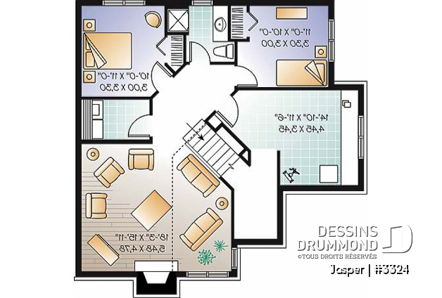 Sous-sol aménagé - Plan d'un bungalow chic et économique, 4 chambres, atelier, mezzanine - Jasper
