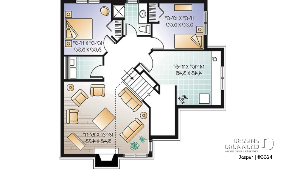 Sous-sol aménagé - Plan d'un bungalow chic et économique, 4 chambres, atelier, mezzanine - Jasper
