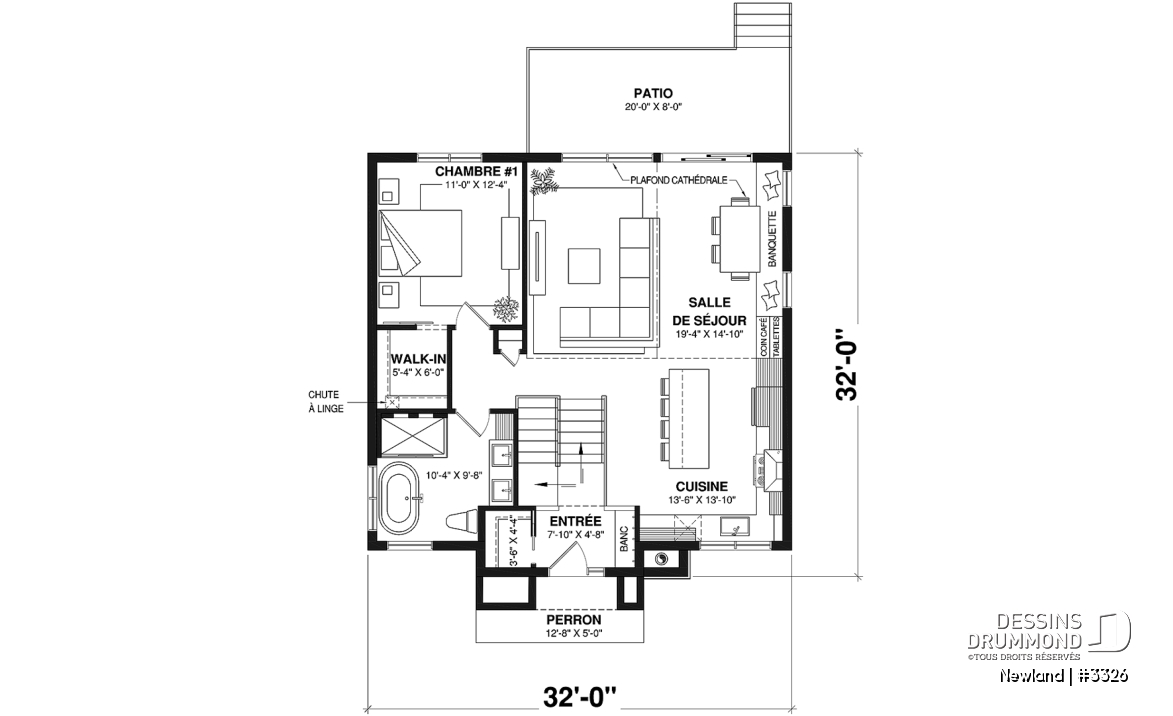 Rez-de-chaussée - Plan de petite farmhouse moderne, chambre principale au rez-de-chaussée, sous-sol aménagé optionnel - Newland