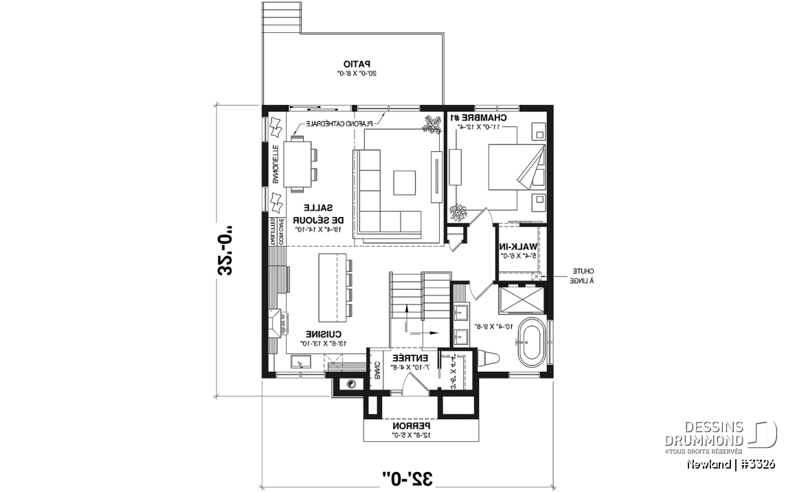 Rez-de-chaussée - Plan de petite farmhouse moderne, chambre principale au rez-de-chaussée, sous-sol aménagé optionnel - Newland