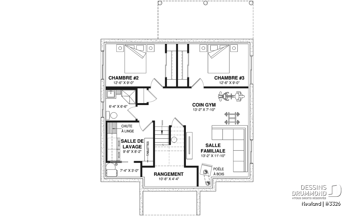 Sous-sol aménagé (Optionel $) - Plan de petite farmhouse moderne, chambre principale au rez-de-chaussée, sous-sol aménagé optionnel - Newland