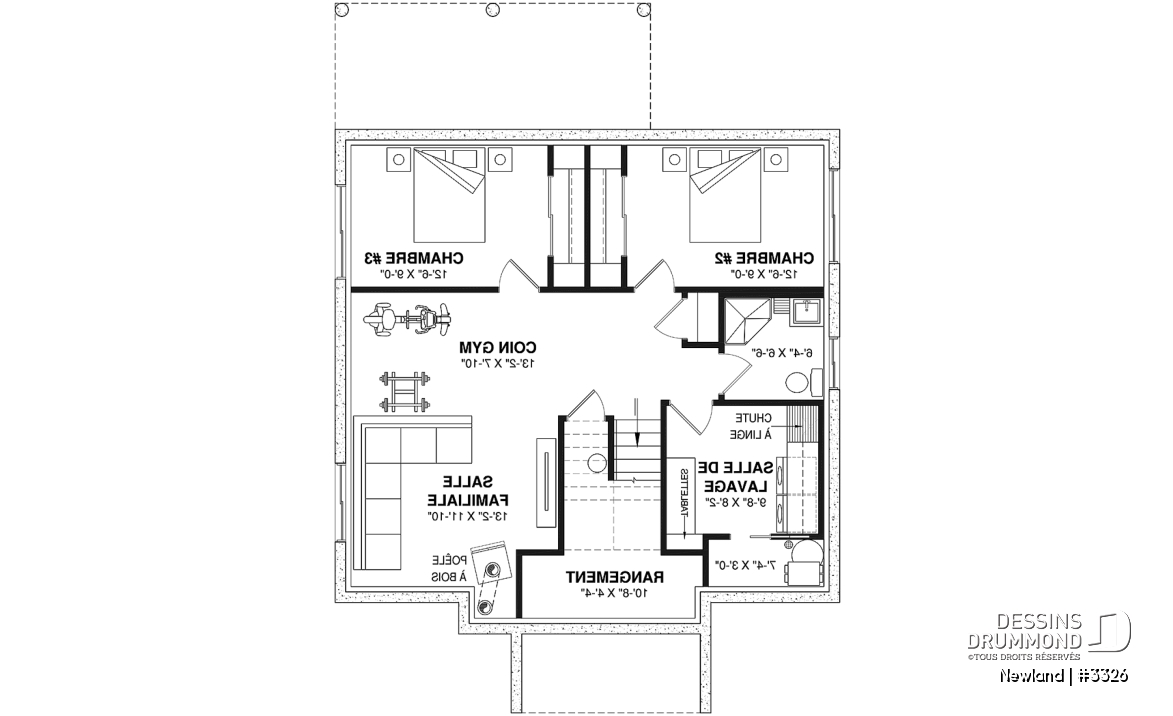 Sous-sol aménagé (Optionel $) - Plan de petite farmhouse moderne, chambre principale au rez-de-chaussée, sous-sol aménagé optionnel - Newland