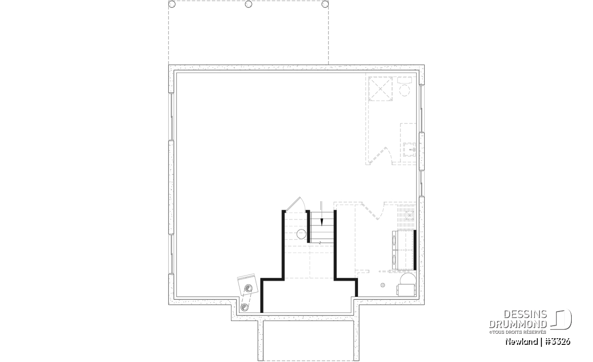 Sous-sol aménageable - Plan de petite farmhouse moderne, chambre principale au rez-de-chaussée, sous-sol aménagé optionnel - Newland