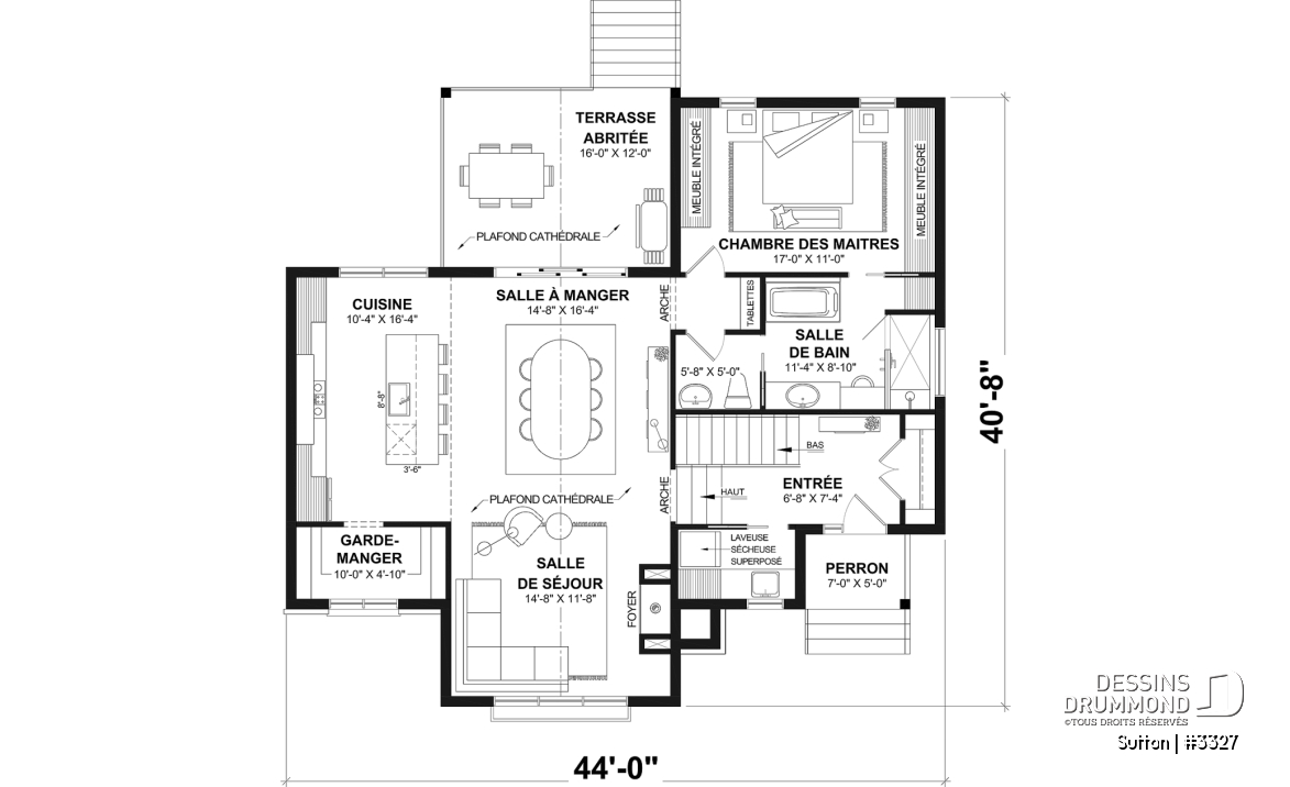 Rez-de-chaussée - Plan de maison plain-pied à entrée split avec 1 à 3 chambres et suite des maîtres au rez-de-chaussée - Sutton
