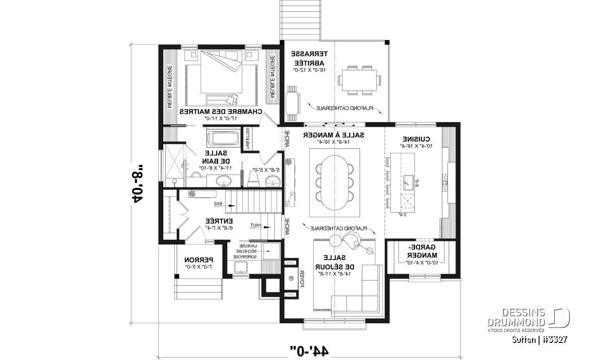 Rez-de-chaussée - Plan de maison plain-pied à entrée split avec 1 à 3 chambres et suite des maîtres au rez-de-chaussée - Sutton