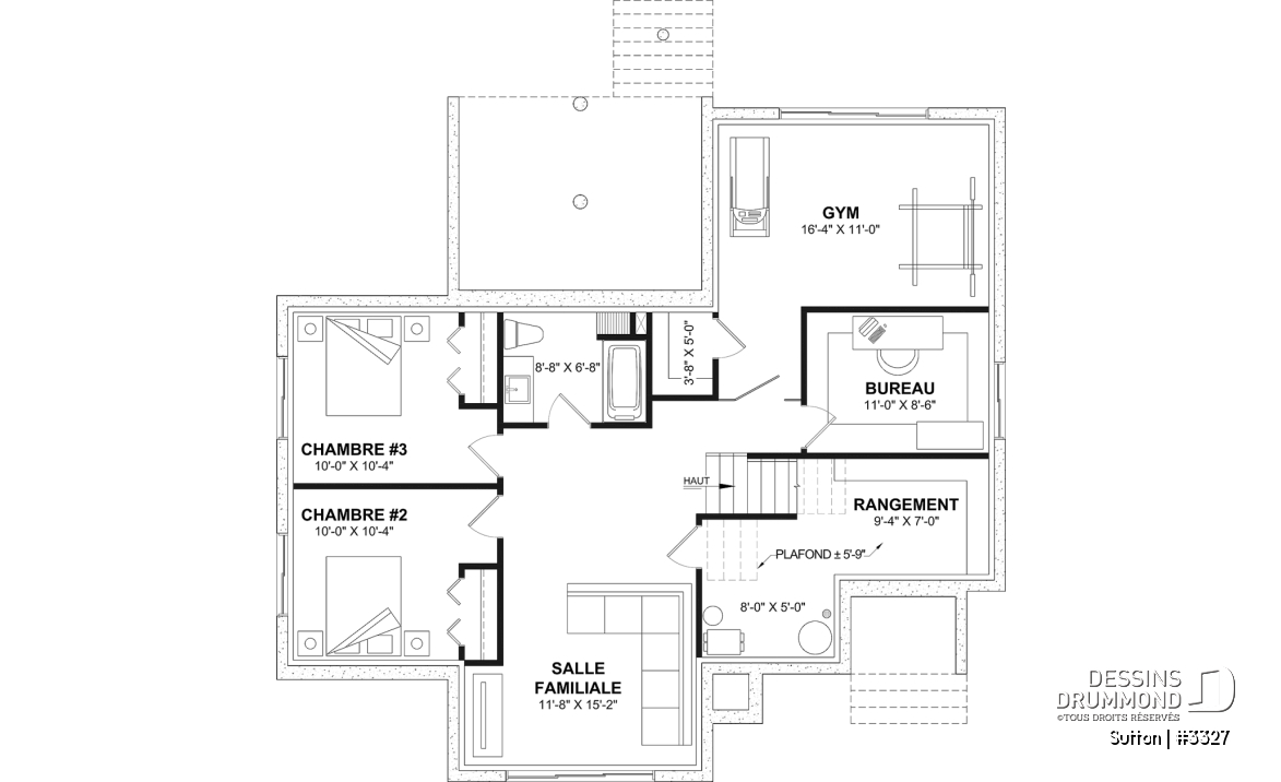 Sous-sol aménagé (Optionel $) - Plan de maison plain-pied à entrée split avec 1 à 3 chambres et suite des maîtres au rez-de-chaussée - Sutton