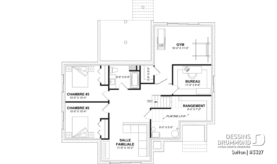Sous-sol aménagé (Optionel $) - Plan de maison plain-pied à entrée split avec 1 à 3 chambres et suite des maîtres au rez-de-chaussée - Sutton