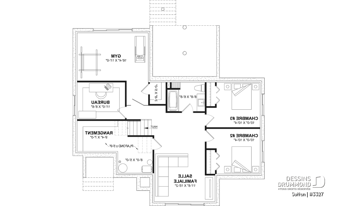 Sous-sol aménagé (Optionel $) - Plan de maison plain-pied à entrée split avec 1 à 3 chambres et suite des maîtres au rez-de-chaussée - Sutton