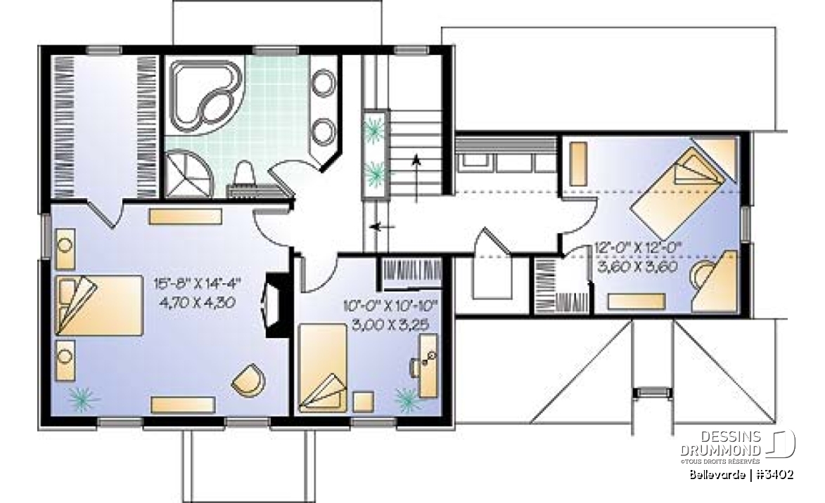 Étage - Plan de maison 3 chambres + bureau, garage, grenier aménageable, brique sur 3 façades - Bellevarde
