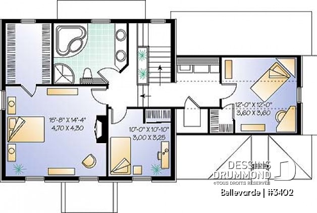 Étage - Plan de maison 3 chambres + bureau, garage, grenier aménageable, brique sur 3 façades - Bellevarde