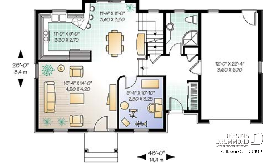 Rez-de-chaussée - Plan de maison 3 chambres + bureau, garage, grenier aménageable, brique sur 3 façades - Bellevarde