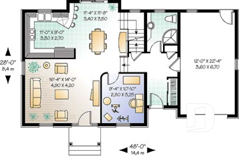 Rez-de-chaussée - Plan de maison 3 chambres + bureau, garage, grenier aménageable, brique sur 3 façades - Bellevarde
