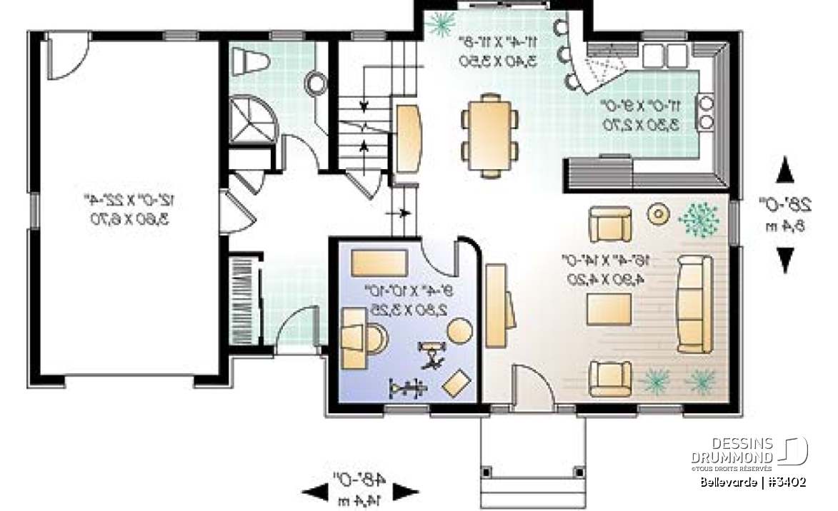 Rez-de-chaussée - Plan de maison 3 chambres + bureau, garage, grenier aménageable, brique sur 3 façades - Bellevarde