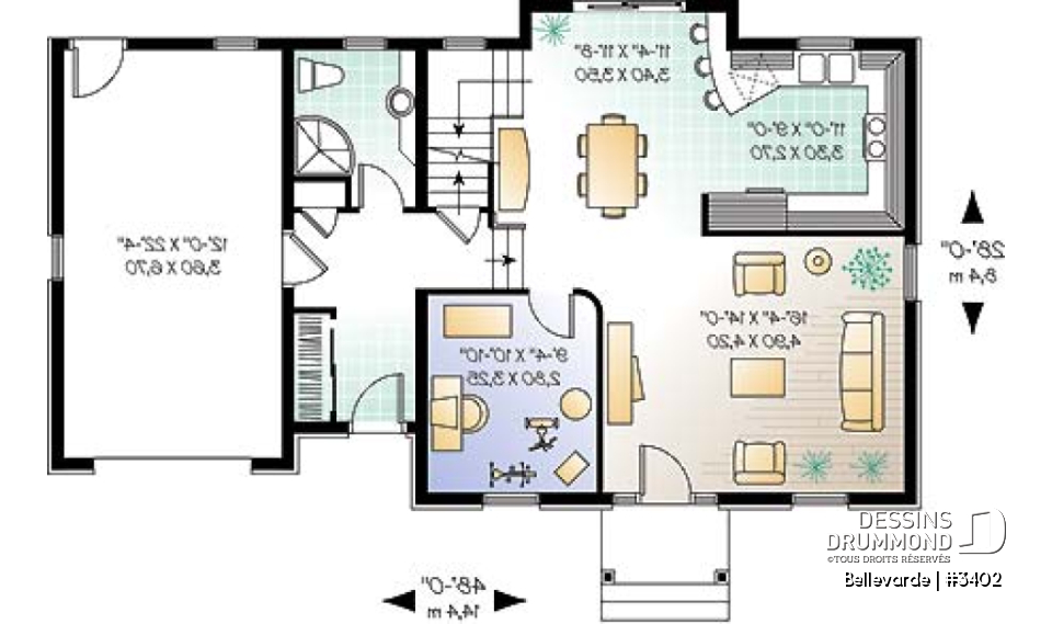 Rez-de-chaussée - Plan de maison 3 chambres + bureau, garage, grenier aménageable, brique sur 3 façades - Bellevarde