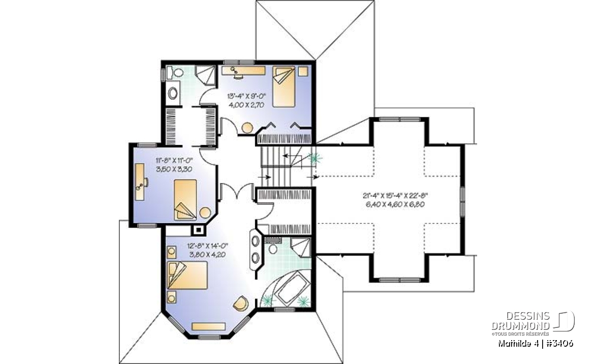 Étage - Plan de maison victorienne, garage double, foyer central, buanderie r-d-c, coin déjeuner, 3-4 chambres - Mathilde 4