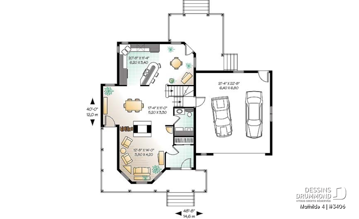 Rez-de-chaussée - Plan de maison victorienne, garage double, foyer central, buanderie r-d-c, coin déjeuner, 3-4 chambres - Mathilde 4