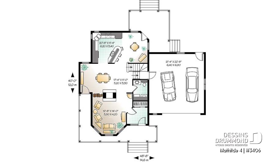 Rez-de-chaussée - Plan de maison victorienne, garage double, foyer central, buanderie r-d-c, coin déjeuner, 3-4 chambres - Mathilde 4