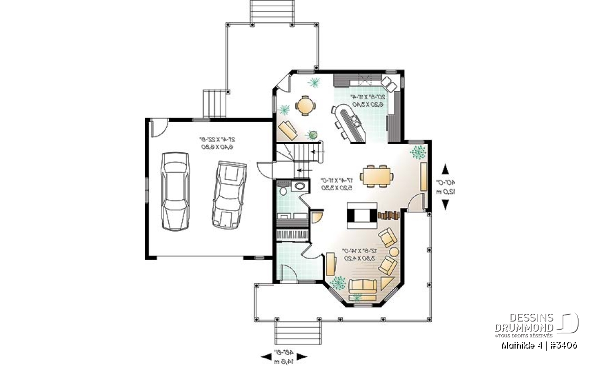 Rez-de-chaussée - Plan de maison victorienne, garage double, foyer central, buanderie r-d-c, coin déjeuner, 3-4 chambres - Mathilde 4