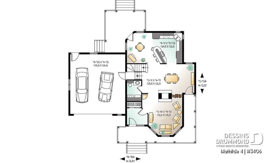 Rez-de-chaussée - Plan de maison victorienne, garage double, foyer central, buanderie r-d-c, coin déjeuner, 3-4 chambres - Mathilde 4