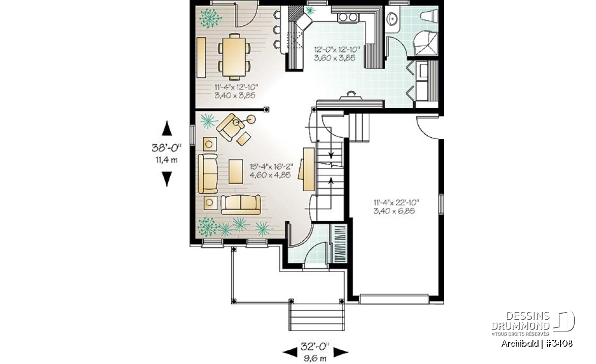 Rez-de-chaussée - Plan de maison à étage, garage, 3 à 4 chambres, coin ordinateur à la cuisine, salle de lavage au 1er - Archibald