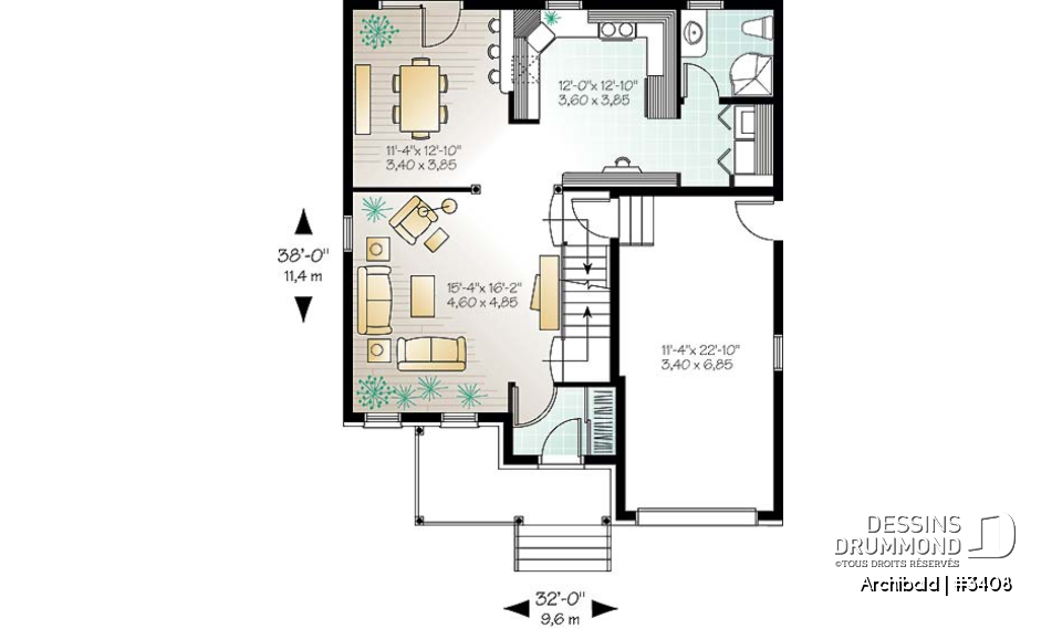 Rez-de-chaussée - Plan de maison à étage, garage, 3 à 4 chambres, coin ordinateur à la cuisine, salle de lavage au 1er - Archibald