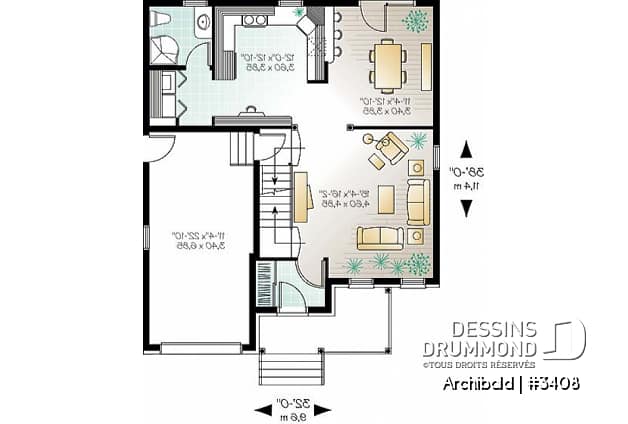 Rez-de-chaussée - Plan de maison à étage, garage, 3 à 4 chambres, coin ordinateur à la cuisine, salle de lavage au 1er - Archibald