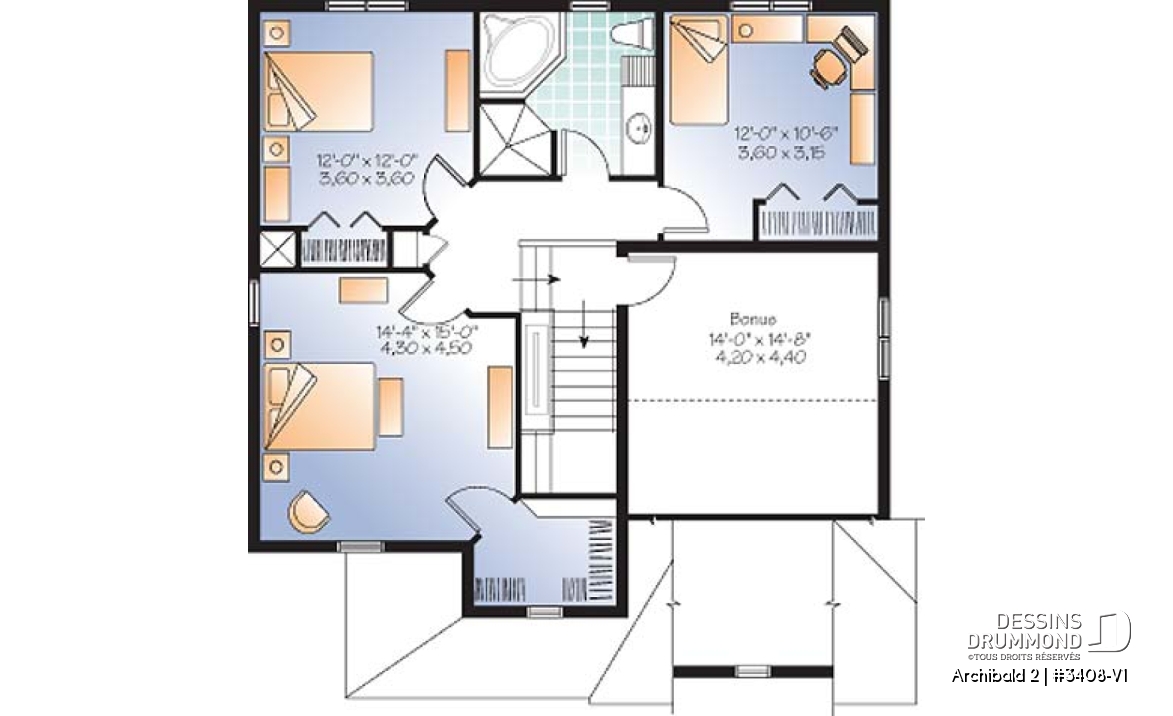 Étage - Plan de maison d'un modèle champêtre, 3 chambres, espace boni pour chambre #4 ou bureau - Archibald 2
