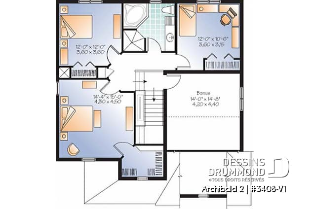 Étage - Plan de maison d'un modèle champêtre, 3 chambres, espace boni pour chambre #4 ou bureau - Archibald 2